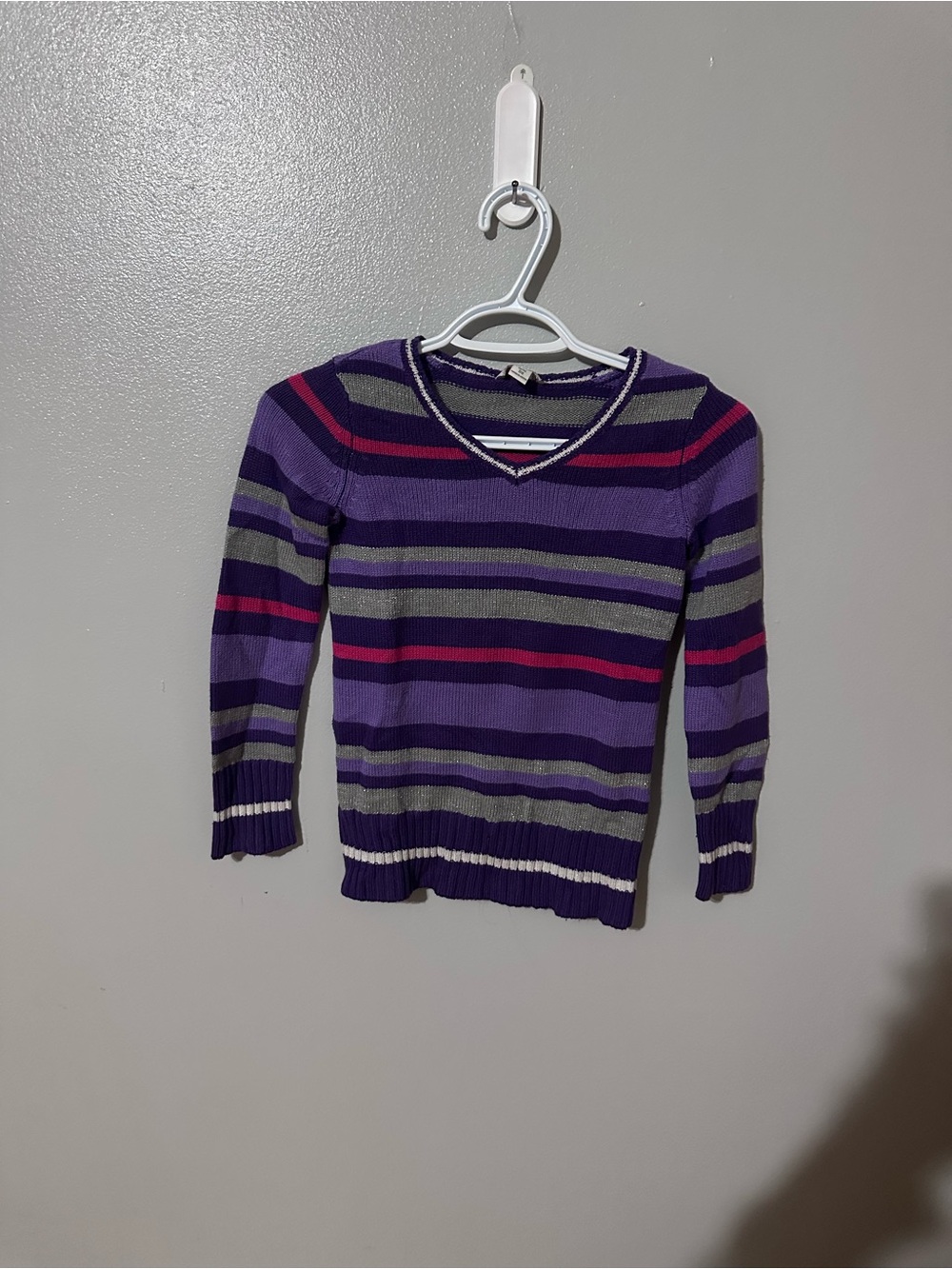 The Children's Place Purple Striped V-Neck Sweater with Pink and Gray Accents